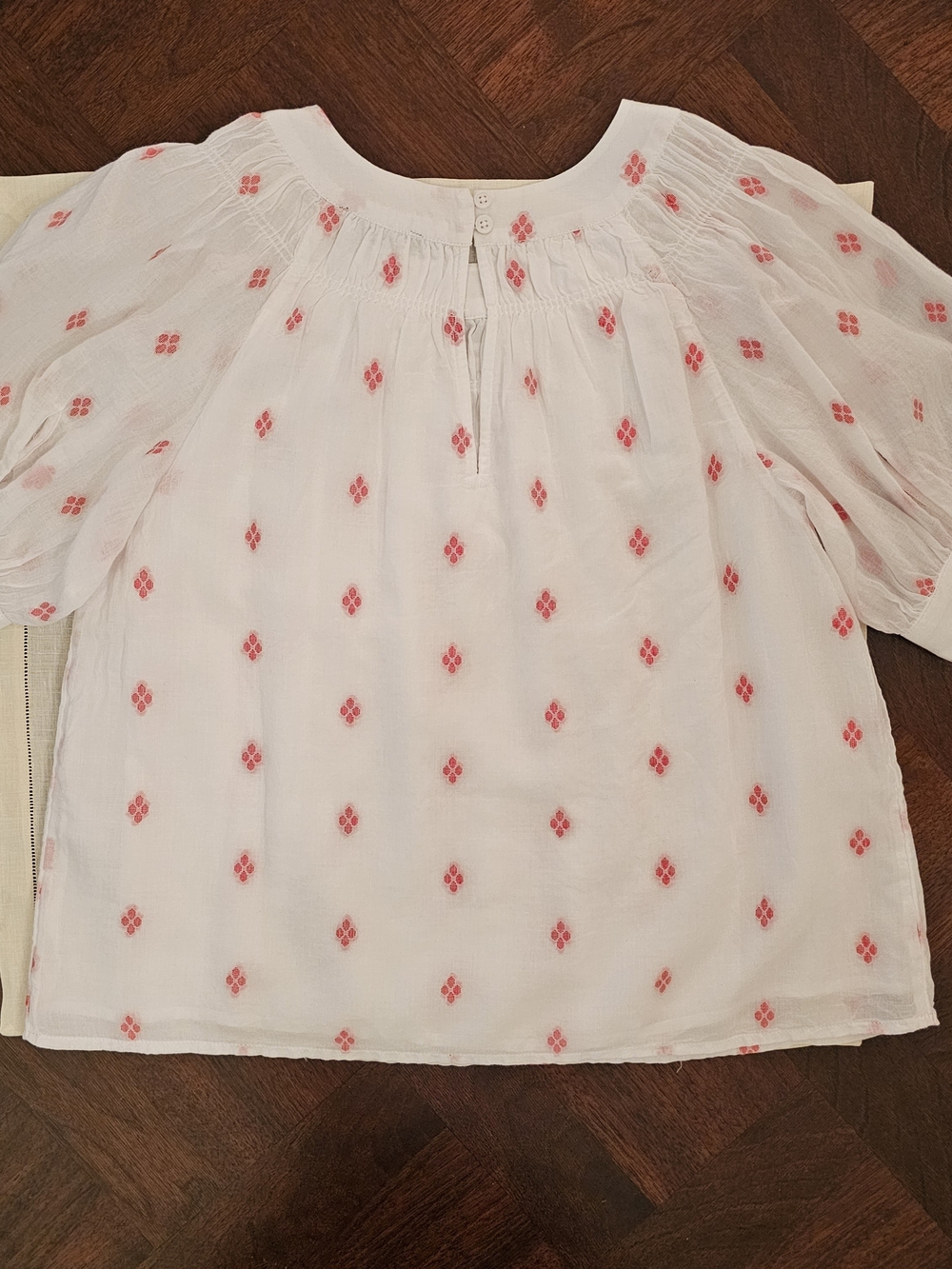 J.Crew Womens White Gauzy Top Smocked Neck Short Sleeve Red Embroidered Dots XXS - Picture 9 of 12